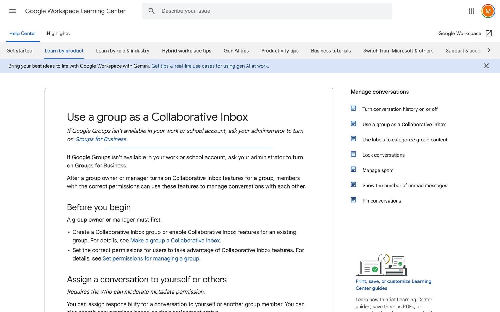 Google Workspace Learning Center page on setting up a collaborative inbox, with options to manage conversations.